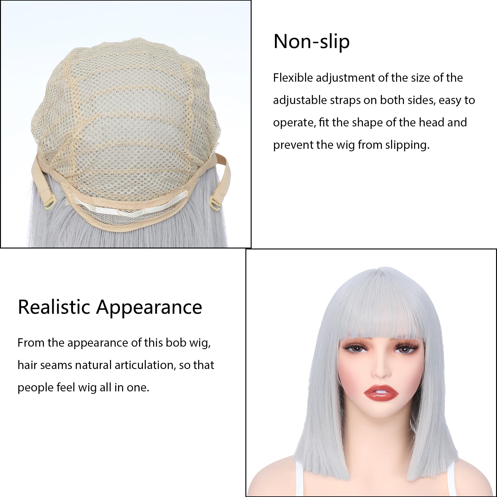 BUYOGET Silver Bob Wigs with Flat Bangs 13 Inch Striaght Shoulder Wigs for Women Cosplay Costume Party Wig - Image 4
