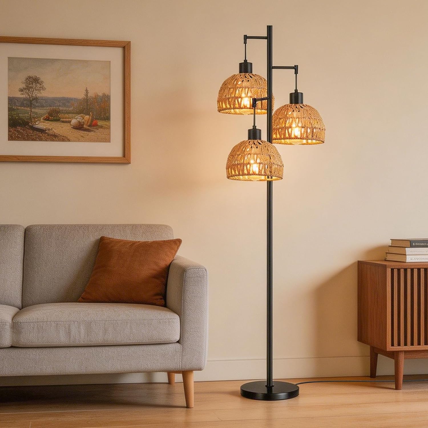 3-Light Rattan Floor Lamp, Farmhouse Standing Lamp with Woven Shades