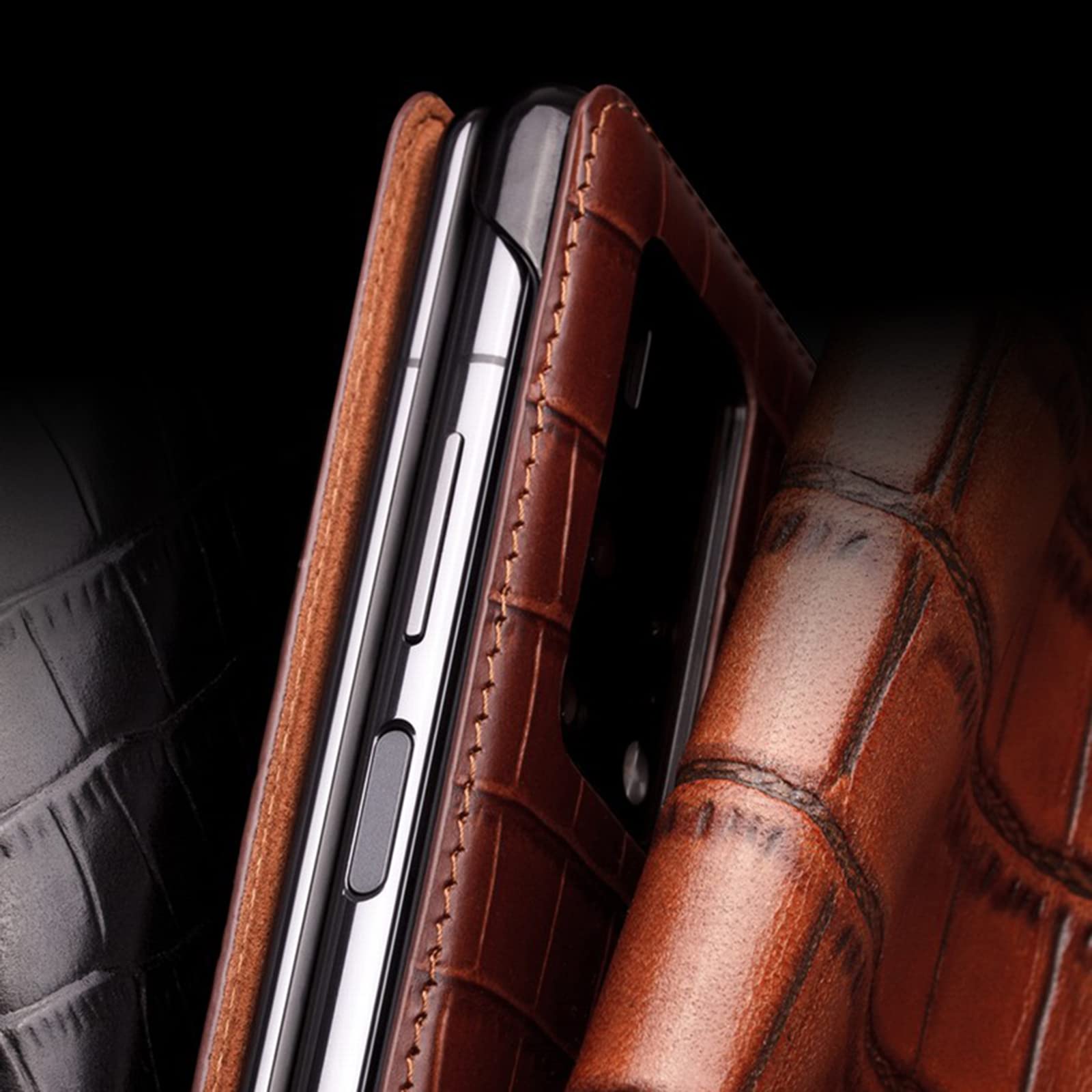 Etui kompatybilne z Huawei Mate X2, prawdziwa skóra pokrowiec z klapką przezroczysty widok okno podpórka inteligentny sen/budzenie magnetyczne zamknięcie, skórzane etui do Huawei Mate X2, czarne