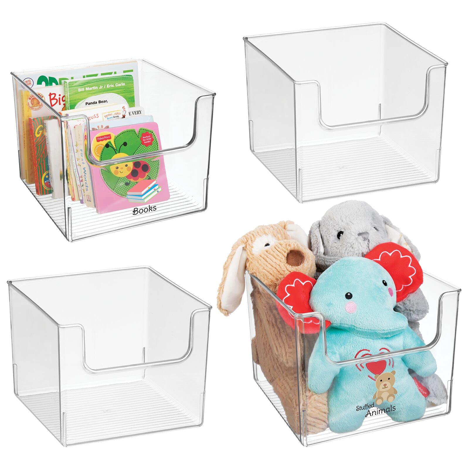 mDesign Square Plastic Toy Storage Organizer Bin with Labels - Open Front Container Boxes for Organizing Drawers, Dressers, Cubbies or Closet - Ligne Collection - Includes 4 Bins + 24 Labels - Clear