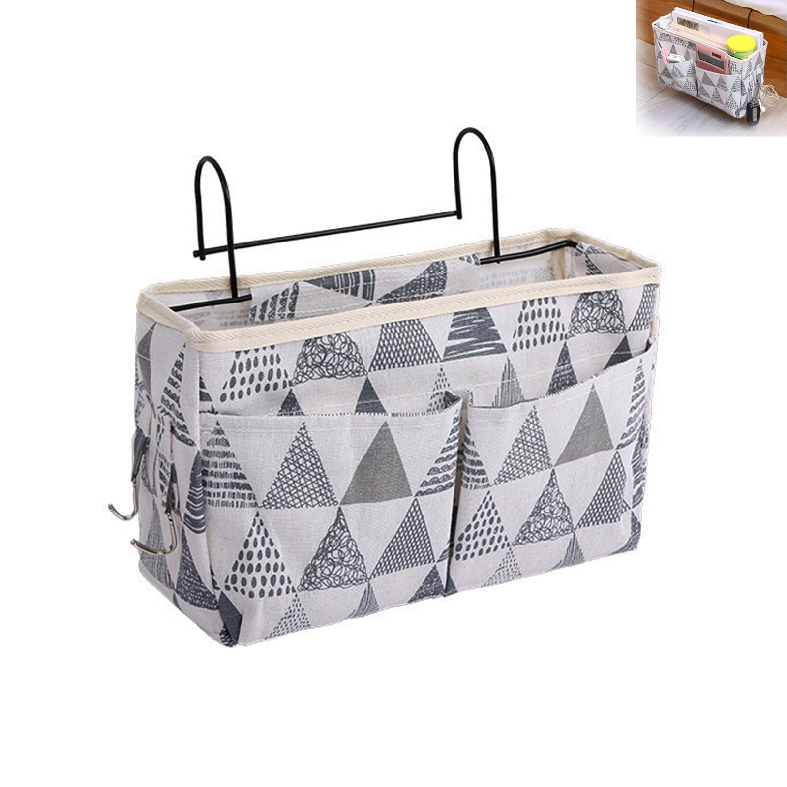Bedside Organiser, Bedside Storage Pocket Hanging Storages Basket Canvas Bed Pocket Large Capacity with Hooks Bunk Bed Storage Caddy for Dormitory Bedroom(Grey)