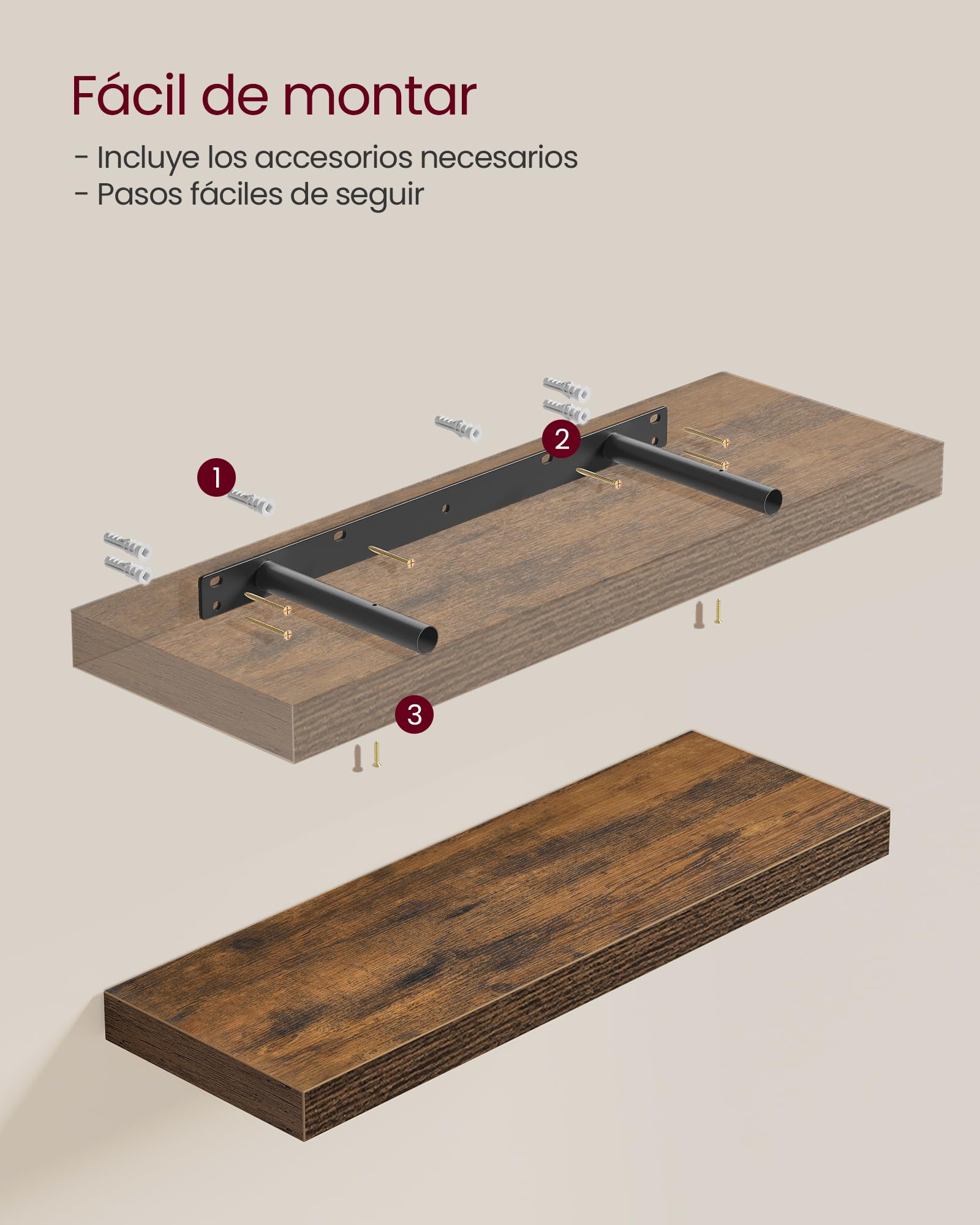 VASAGLE Estante de Pared, Juego de 4, Estante Flotante, 20 x 60 x 3,8 cm, Balda de Pared para Marcos de Fotos, Decoración, para Salón, Estudio, Cocina, Marrón Rústico LWS075B01