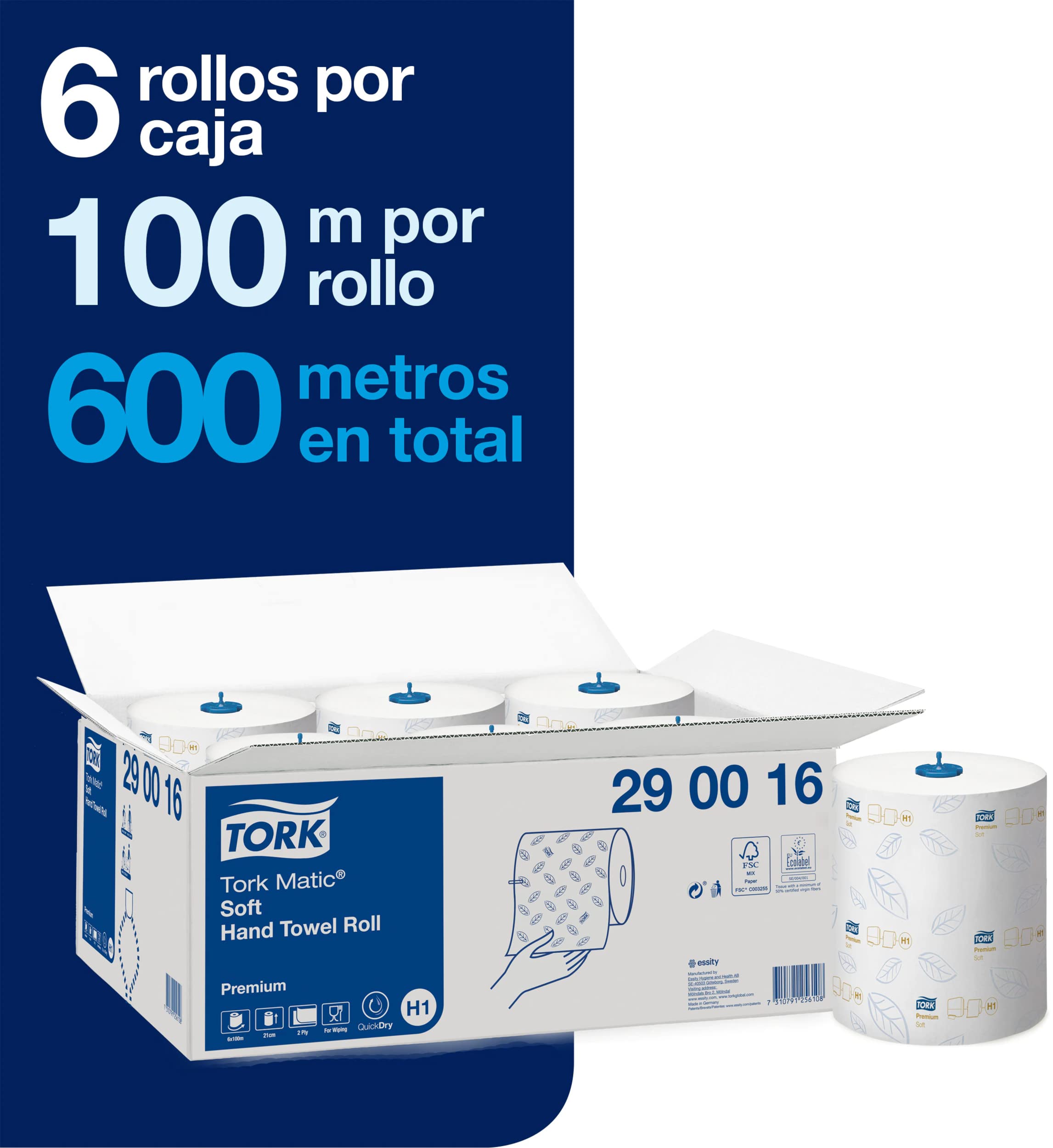 Tork Matic Soft Toallas de Papel en Rollo Premium, 6 Rollos