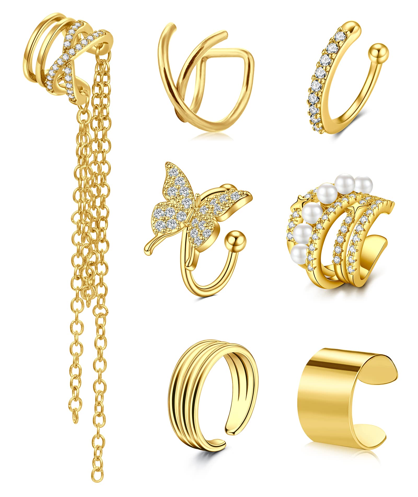 NIUSIMAN Orejeras para Mujer Sin Piercing,Pendientes de plata con clip para la oreja Piercings falsos Cartílago Hélix Puños Concha Pendientes Cadena Ear Cuff Set para Mujer Trendy