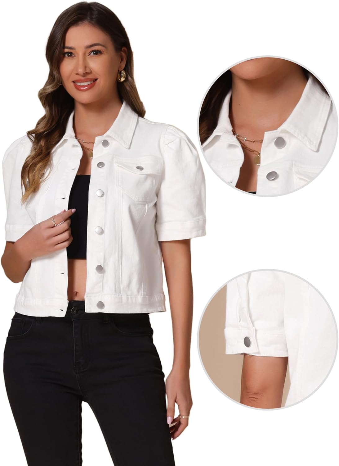 Allegra K Casual Jean Jacket for Women's Short Puff Sleeves Button-Down Denim Jacket - Image 4
