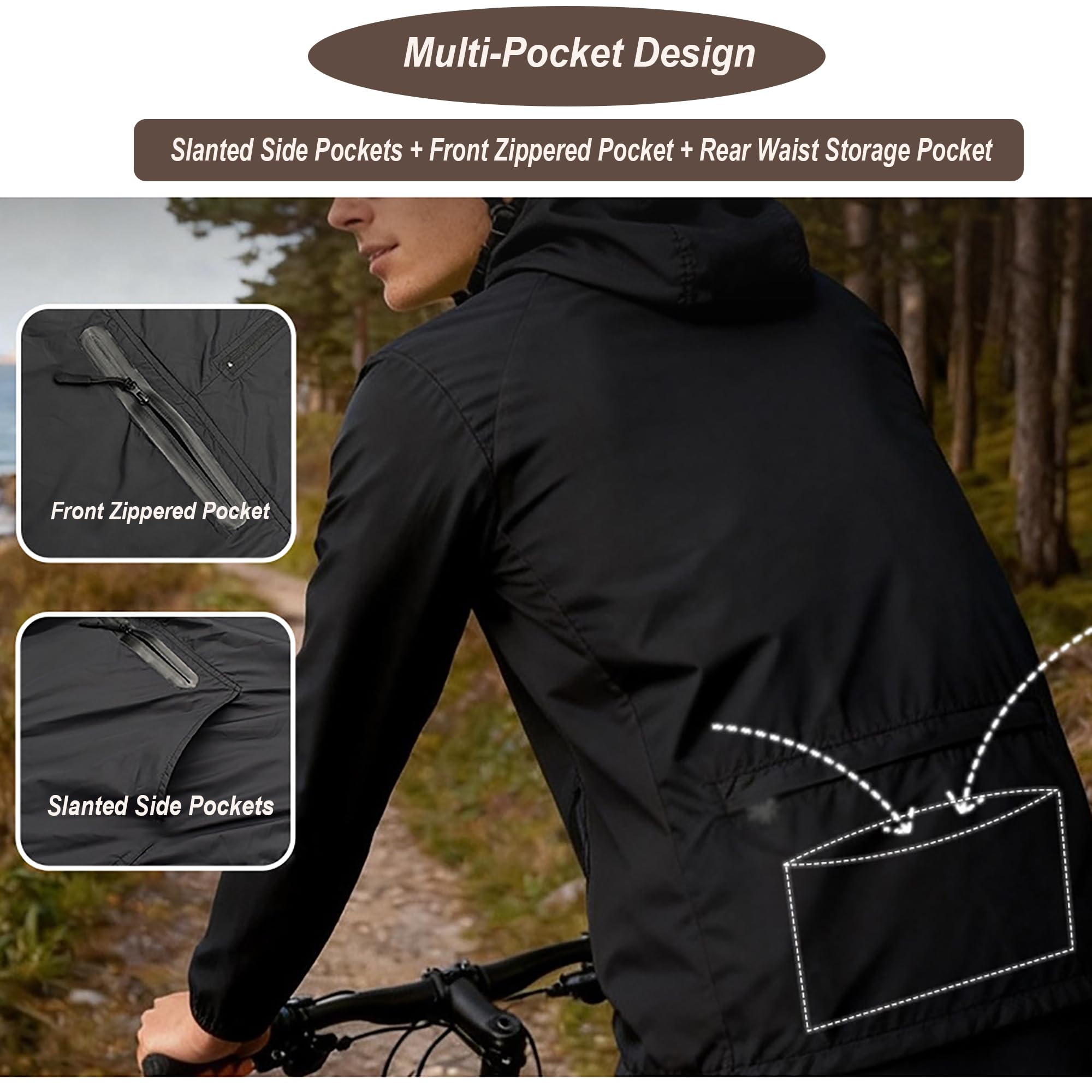 Chaqueta de ciclismo para hombre, Top de ciclismo hombre, Chaqueta de Lluvia Reflectante con Capucha Bolsillo Trasero para senderismo, cortavientos, exteriores