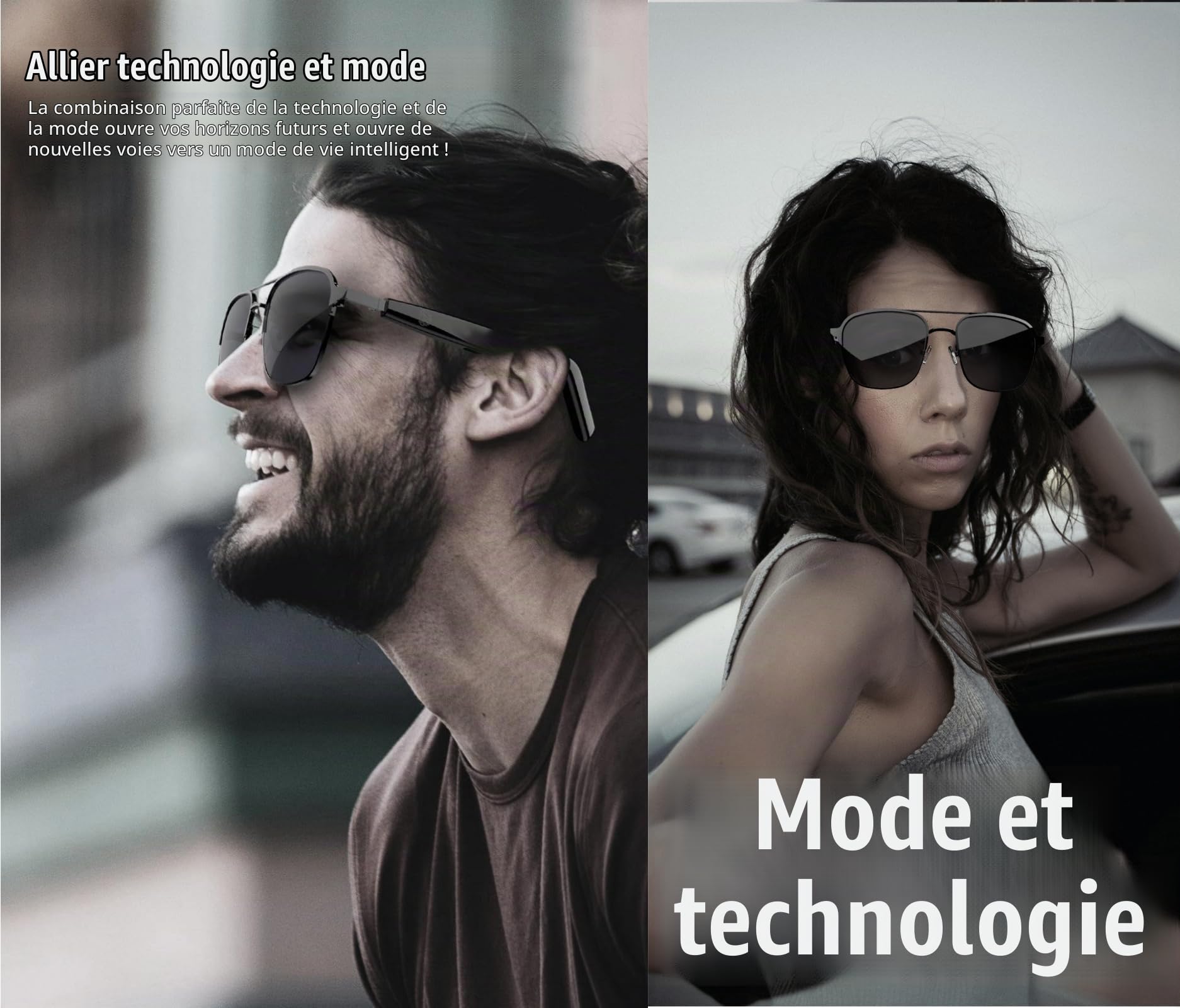 Lunettes de Soleil Audio sans Fil Intelligentes, 98% de Protection Contre Les UV et la Lumière Forte, IPX4 Waterproof, Haut-parleurs HD Stéréo pour la Musique/Les Appels/Les Jeux