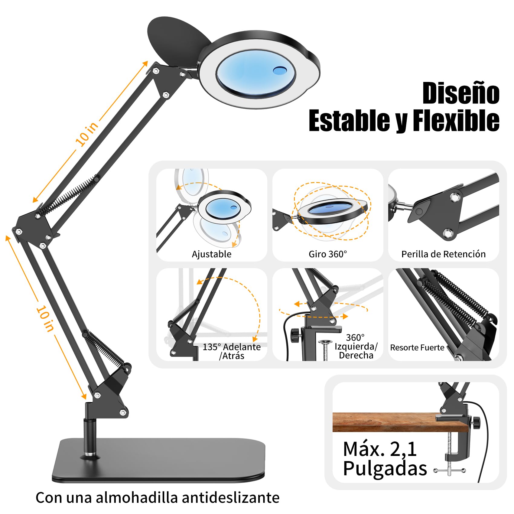 15X 10X Lupas de Gran Aumento con Luz, Lupa con Luz Soporte y Abrazadera, Lupa con Luz mit 84 Led, 5 Modos de Color y 9 Niveles de Brillo para Manualidades Leer Libros Coser Cuentahilos