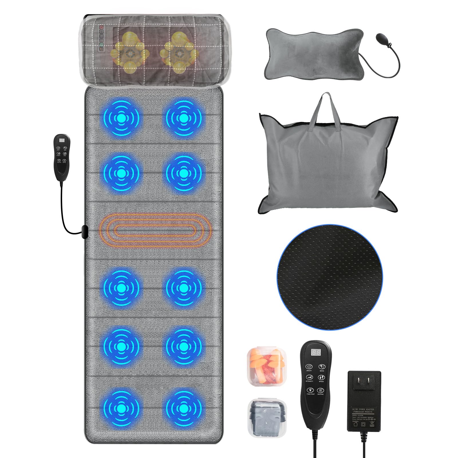 Full Body Massage Mat with Heat,Electric Massage Pad with Shiatsu Neck Back Massage Pillow,Massage Mattress Chair Pad W/ 10 Vibration Motors 3 Heating Levels for Neck,Back&Full Body Pain Relief