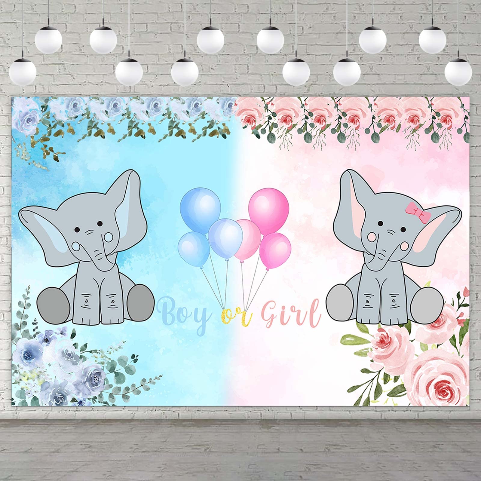 Boy or Girl Cute Elephant Banner Backdrop Floral Balloon Animal Theme Decor Decorations for Gender Reveal Party He or She What Will Baby Be Party Baby Shower 1st Birthday Party Supplies Blue and Pink