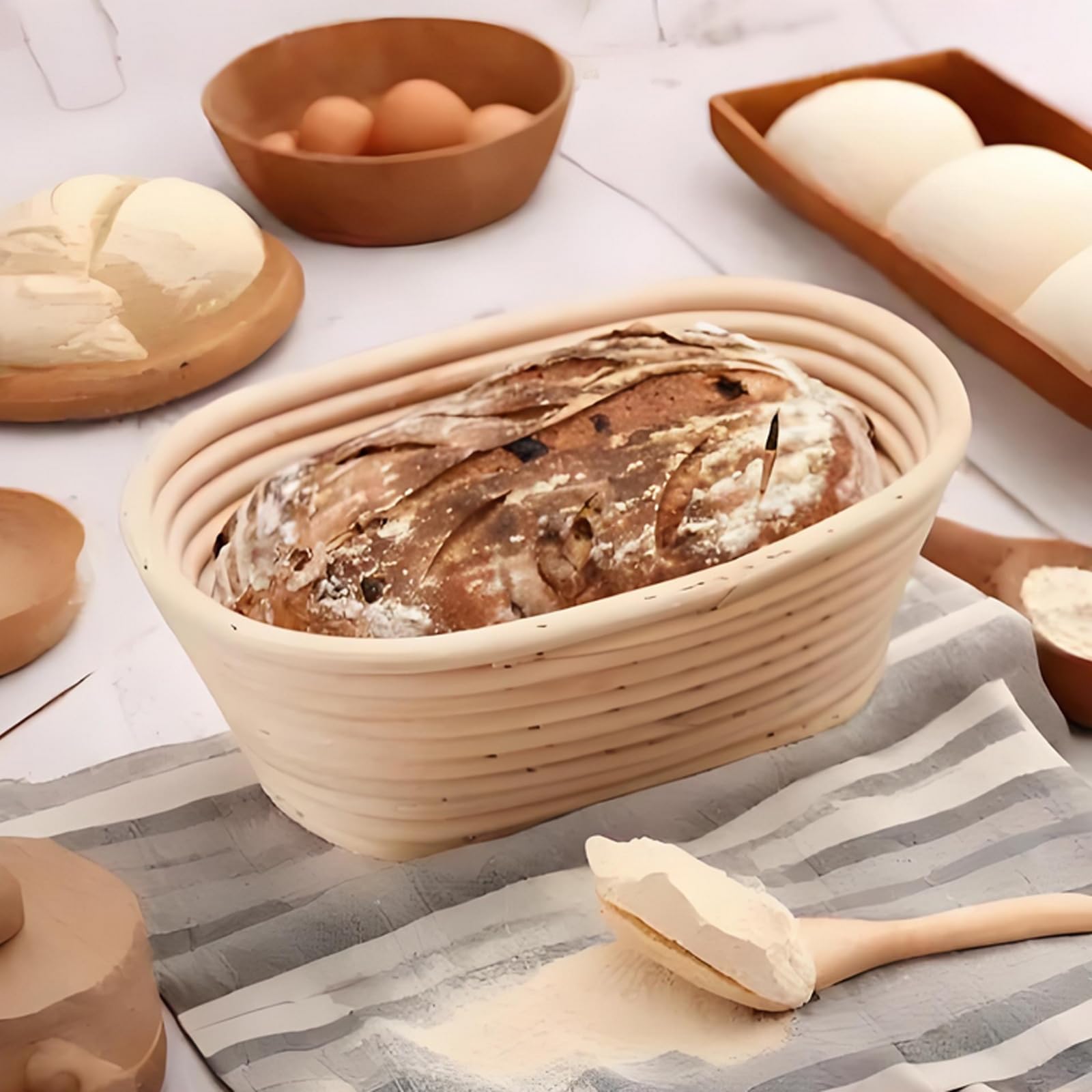 Set mit 3 Gärkörben, 25,4 cm, oval, für Sauerteig, Brot, Teiggärschalen mit Einlagen, perfekt für professionelles und privates Teigbacken