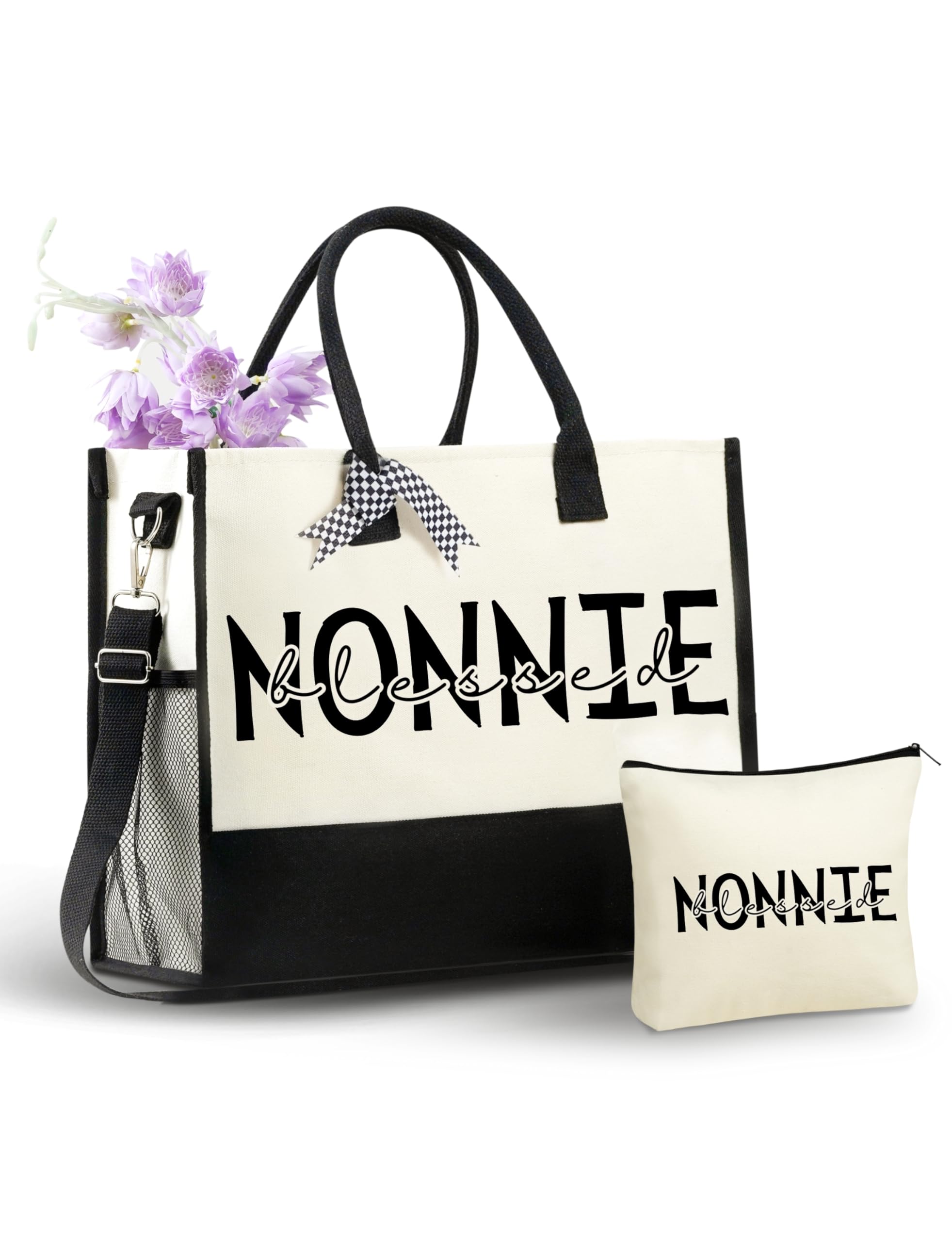 InnoBeta Nonnie Gifts for Grandma, Canvas Tote Bag on Christmas or Birthday & Mother's Day, Tote with Top Zipper Closure and Shoulder Strap - Blessed Nonnie