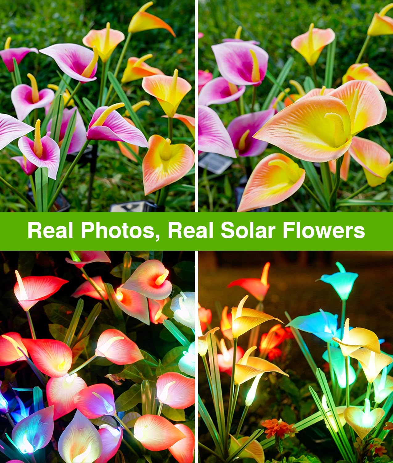 KOOPER Lot de 4 lampes solaires décoratives d'extérieur avec 20 fleurs de lys calla, étanches IP65 pour jardin, pelouse, jardin, cadeau pour femme, maman
