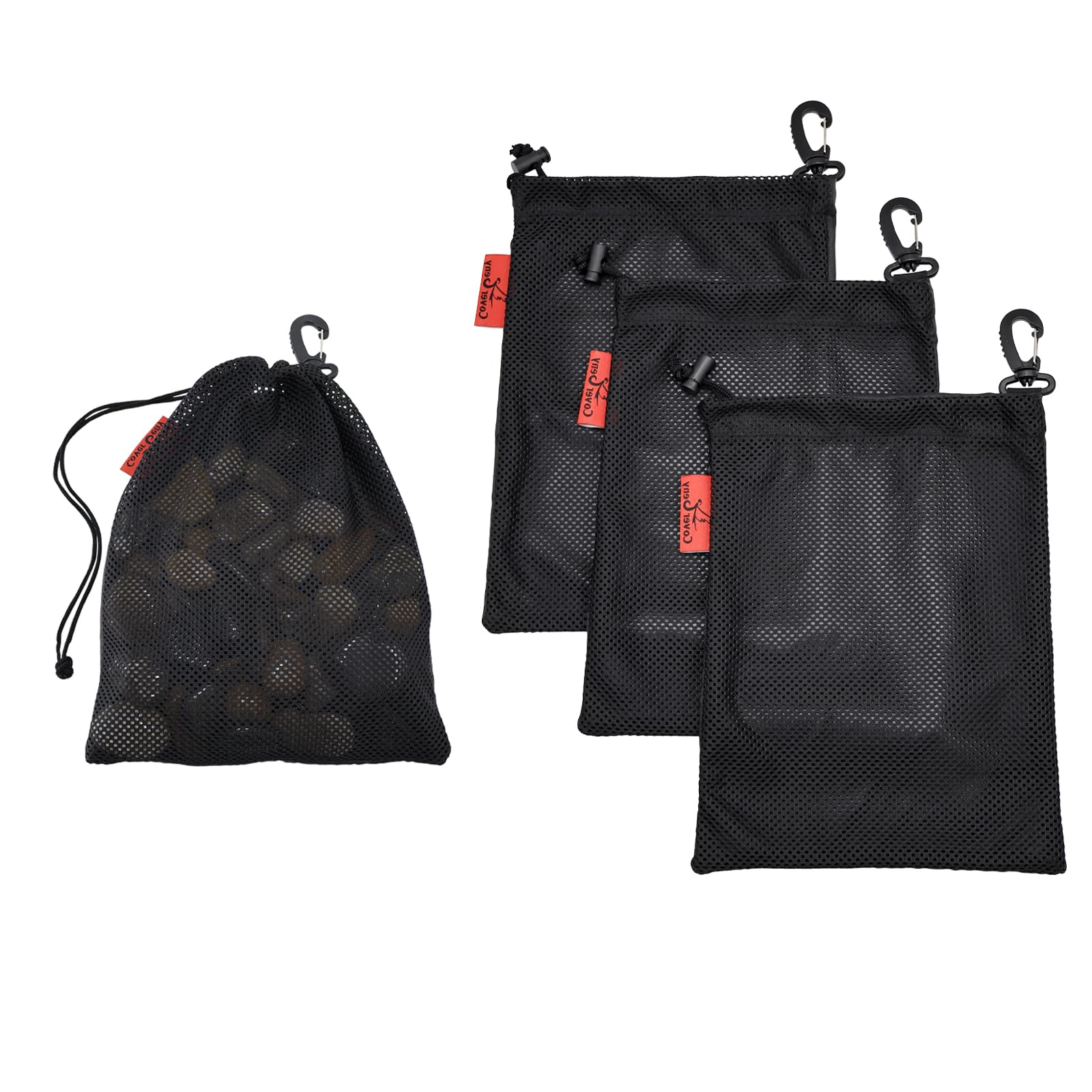 Mesh Foraging Bags with Clip, 4 Pack Drawstring & Toggle Closure Foraging Pouch for Rock Collecting, Mushroom Hunting, Beachcombing, Fastening Hook Nylon Harvesting Pouch for Adults Men Women 8"x10"