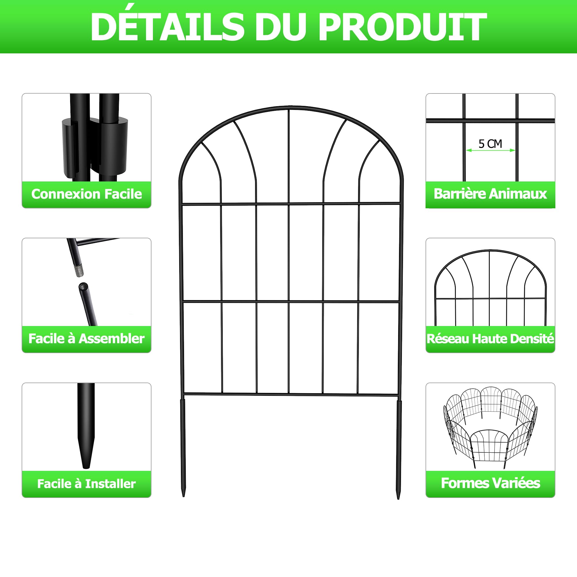 Clôture de Jardin en Métal, 60 cm (H) × 33 cm (L) (10 Panneaux, Longueur Totale 3,3 m) Barrière pour Animaux Clôture Métallique pour Chien Cour Terrasse Extérieur, Noir