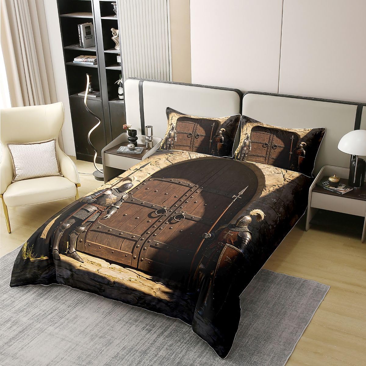 Erosebridal Medieval 100% Cotton Duvet Cover Twin Size Medieval Knight Themed Bedding Set for Kids Girls Boys Gothic Knight Castle Comforter Cover Viking Armor Bedclothes