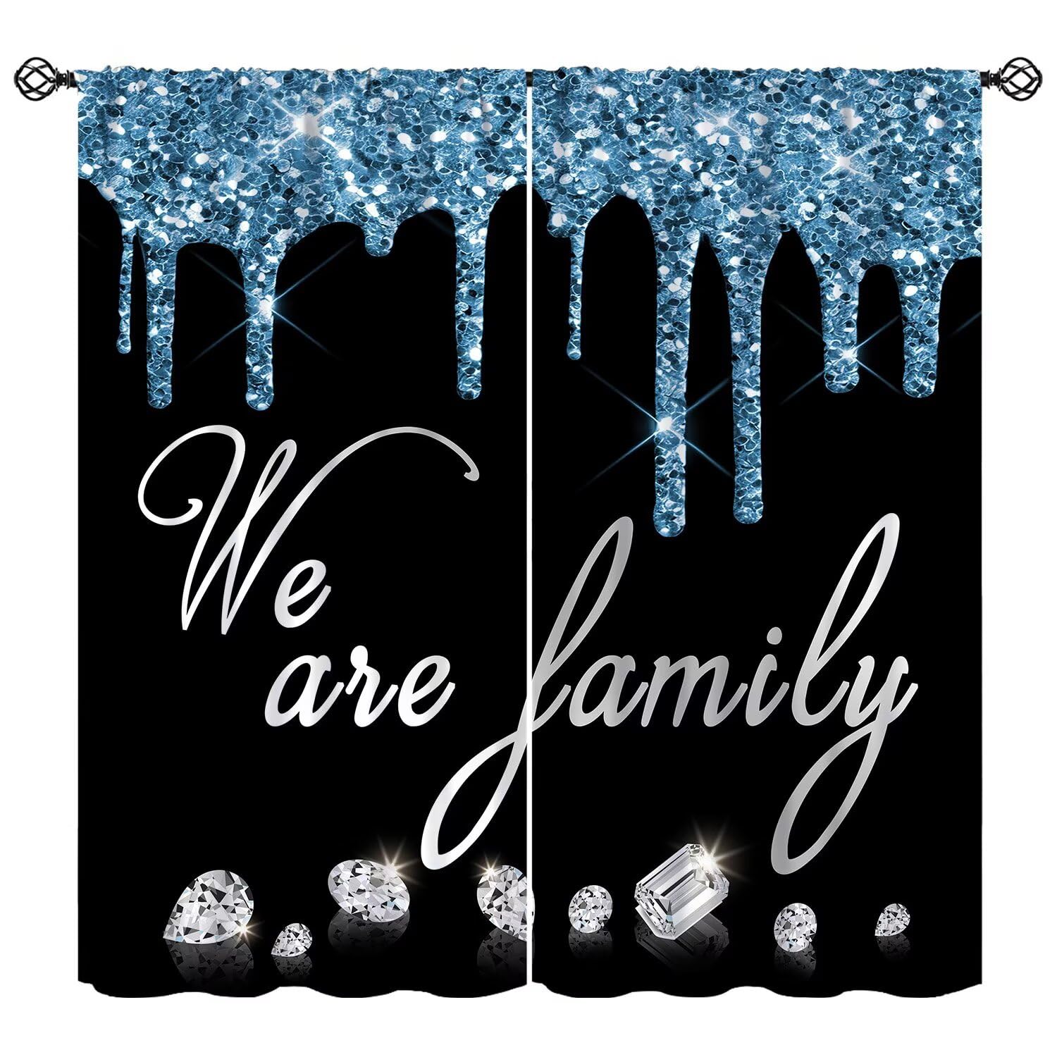 moderw Family Glitter Diamond Curtain Black White Family Sparkle Shimmer Bling Window Treatments Blue Shiny Drip Luxury Window Drapes (No Glitter) for Bedroom Living Room Home W84xL84in