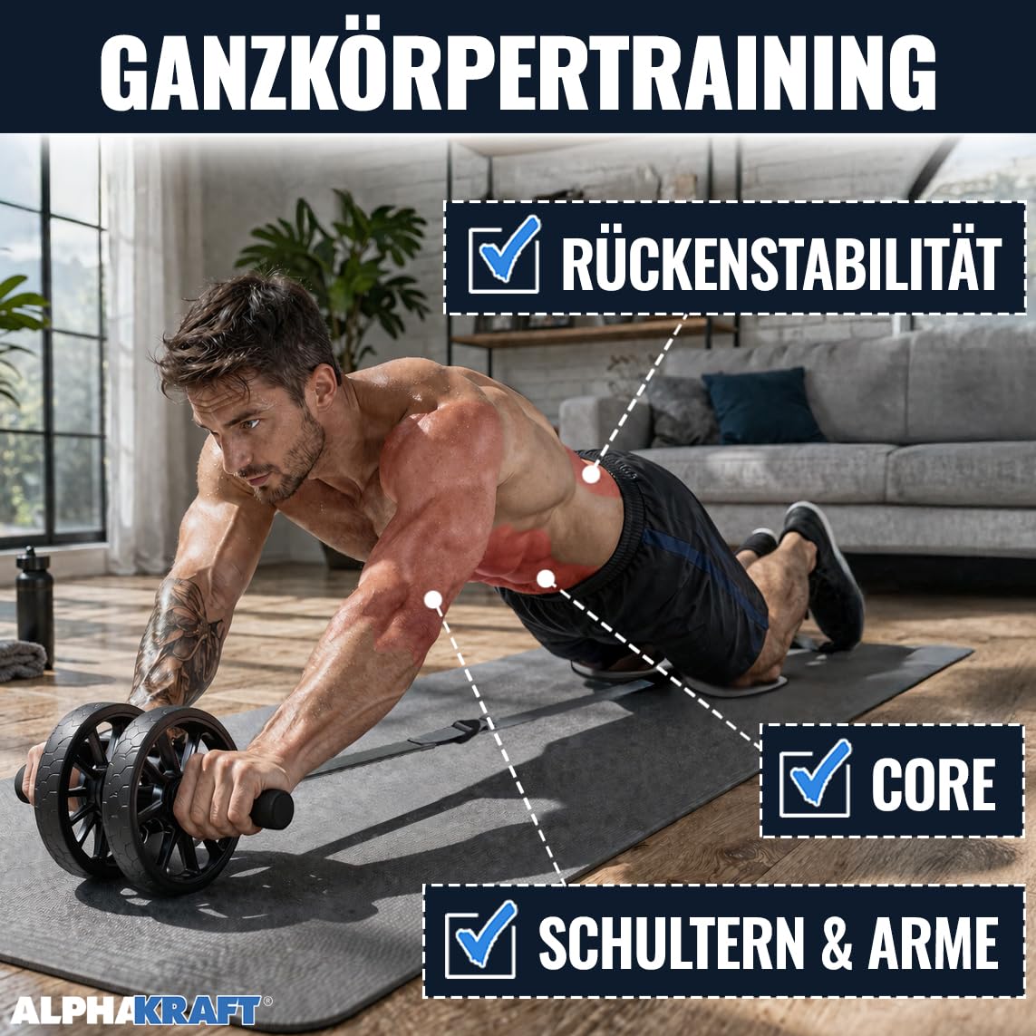 ALPHAKRAFT® Bauchroller mit Hilfsband & Knieschoner – AB Roller/AB Wheel | Bauchtrainer Roller für effektives Core-Training | Premium Bauchmuskeltrainer inkl. Trainingsplan