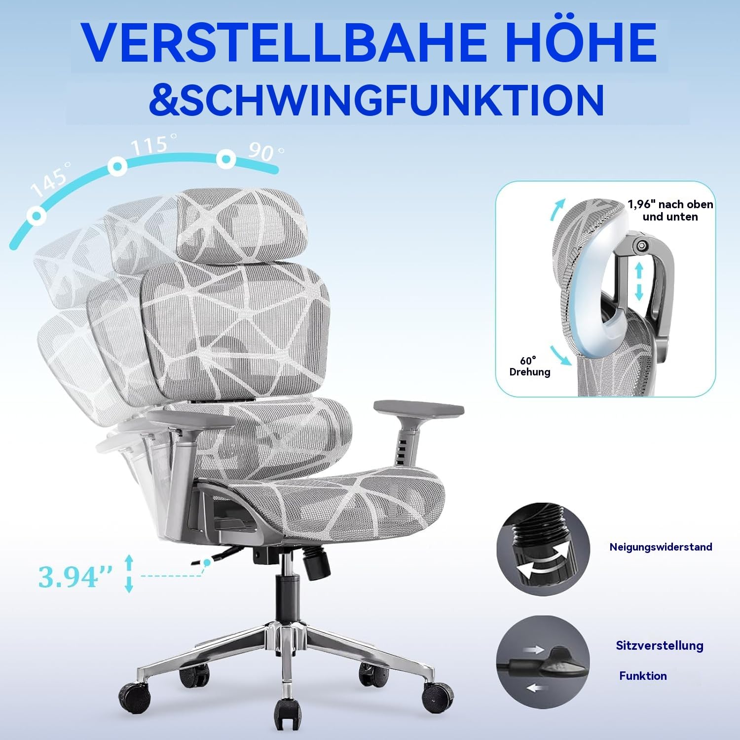 Ergonomischer Bürostuhl,Hochlehniger Gaming-Stuh,3D-Armlehnen und verstellbarem Kopfstütze,Komfortabler Computer-Schreibtischstuhl mit Kippfunktion fürs Home-Office(Grau)