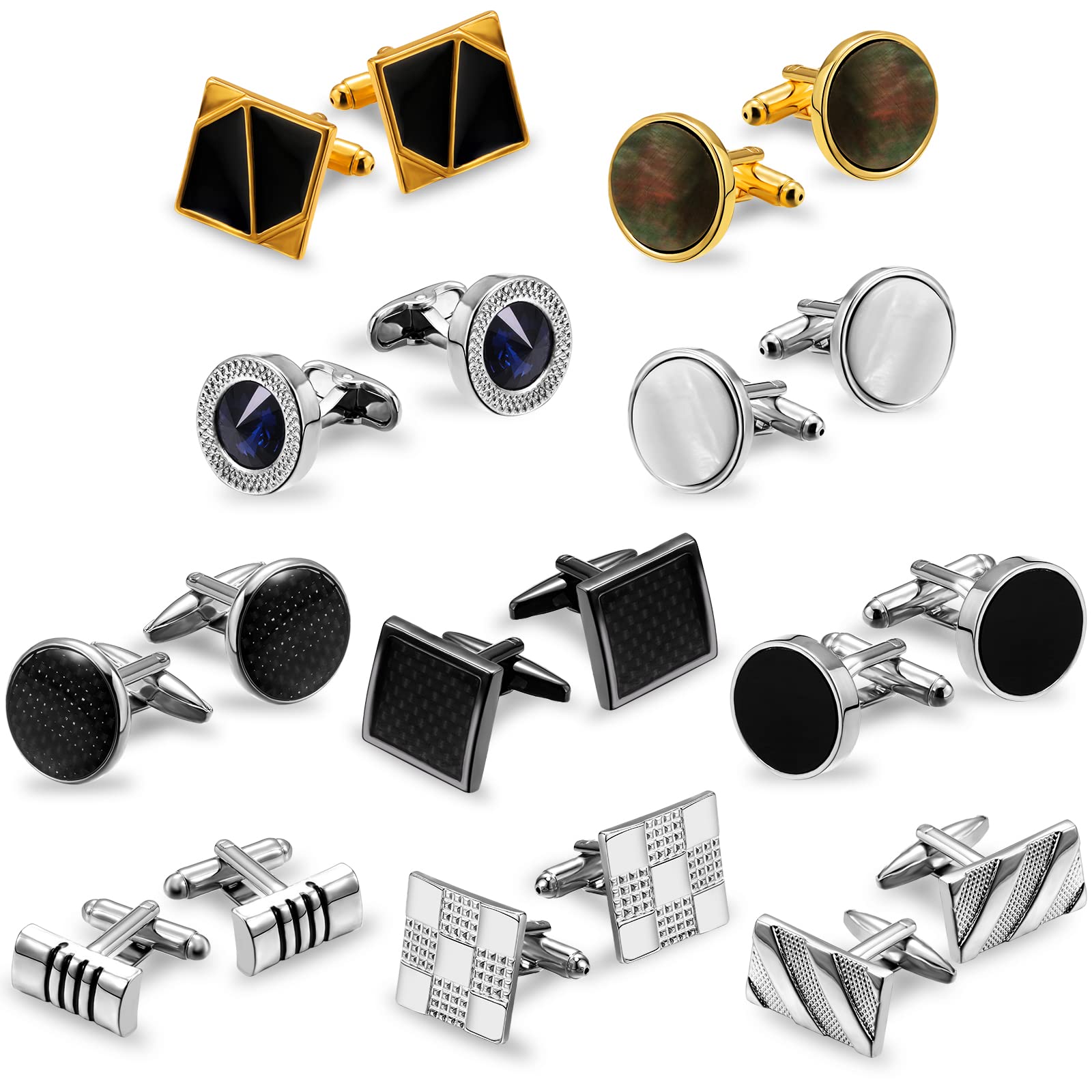 10 Pairs Christmas Cufflinks for Men Classic Tone Cuff Links with Gift Box, Silver Black Striped Disc Square Rectangle Cuff Links Shirt Suit Men's Cufflinks for Wedding Business Elegant Gift