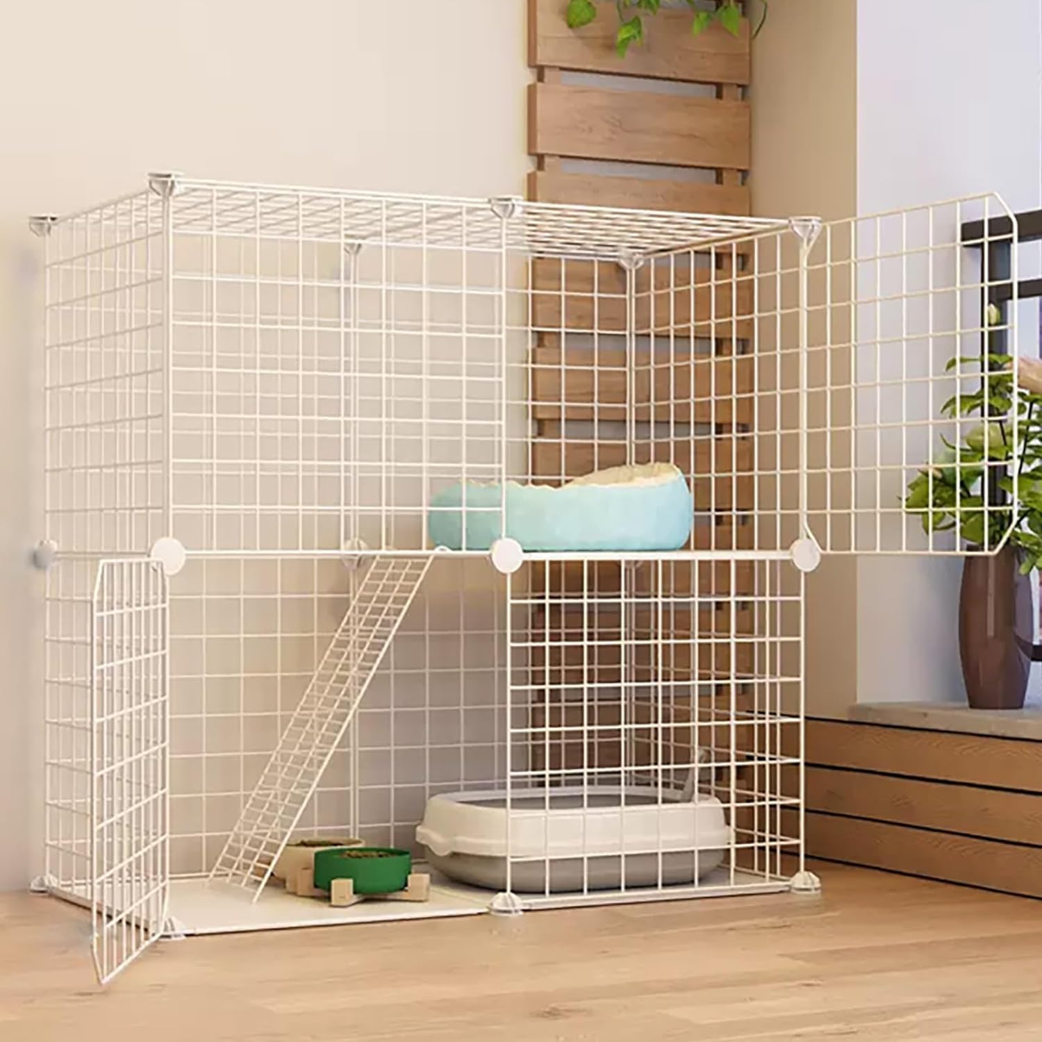Gabbia per gatti in filo metallico con rampa e scala, include amaca per gatti e lettiera, ideale per gatti, furetti e piccoli animali
