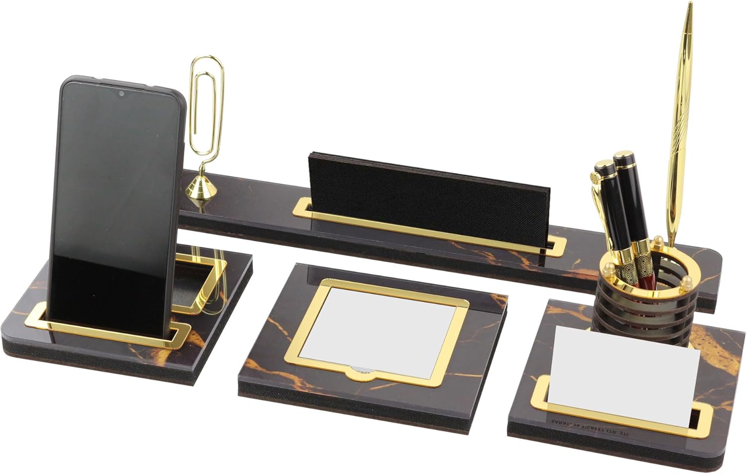 Personalized Desk Name Plate | Shiny Wooden Desk Name Plate with Pen and Cardholder, Custom Office Desk Accessories, Desk Sign (Black-Gold)