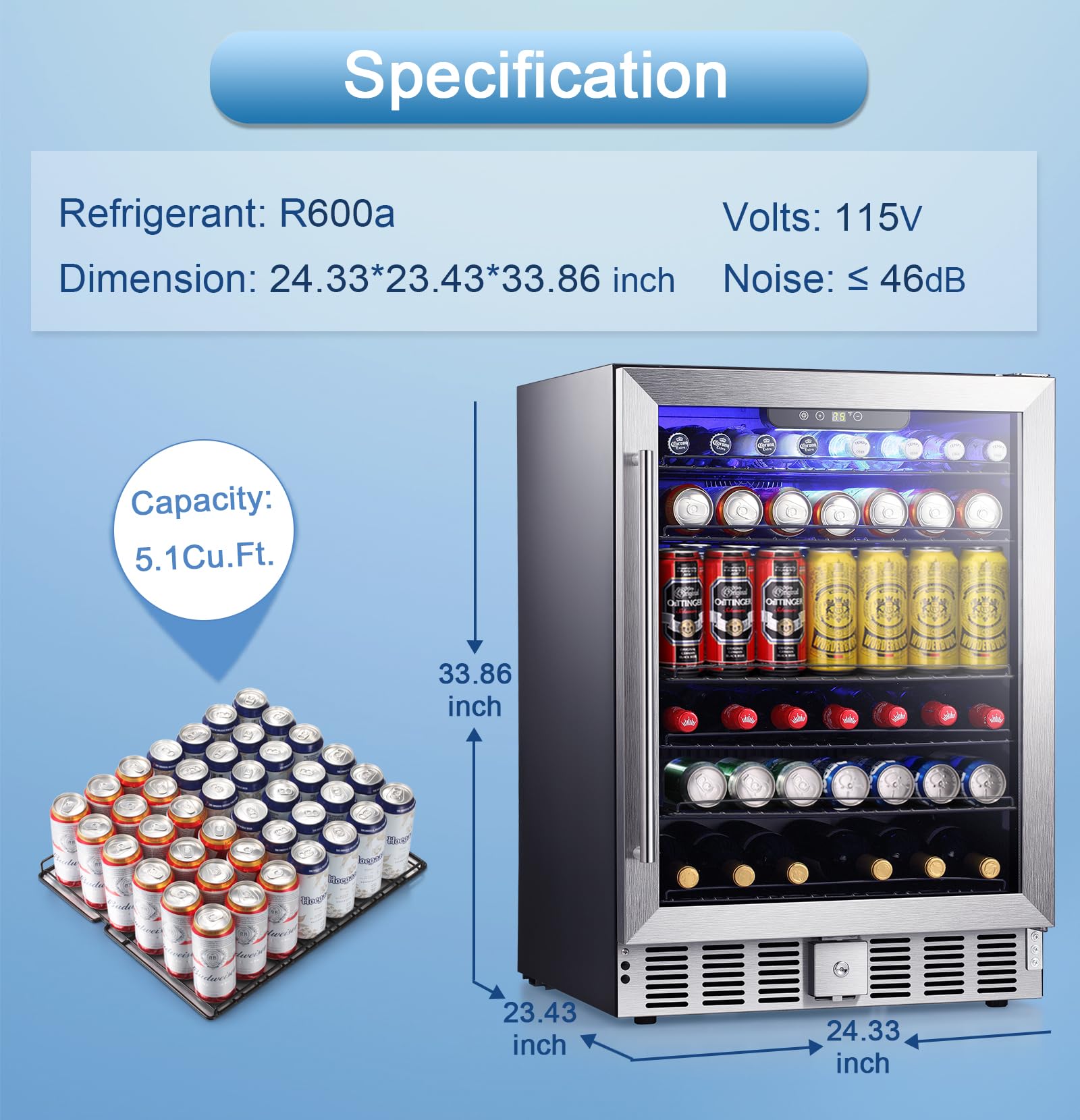 Antarctic Star 5.1 Cu.Ft Beverage Refrigerator,166 Can Wine Cooler,Low Noise,Transparent Glass Door, Efficient Cooling System with Safety Lock, for Home, Bar, Office, 24 Inch, Stainless Steel Silver on Fridge.com