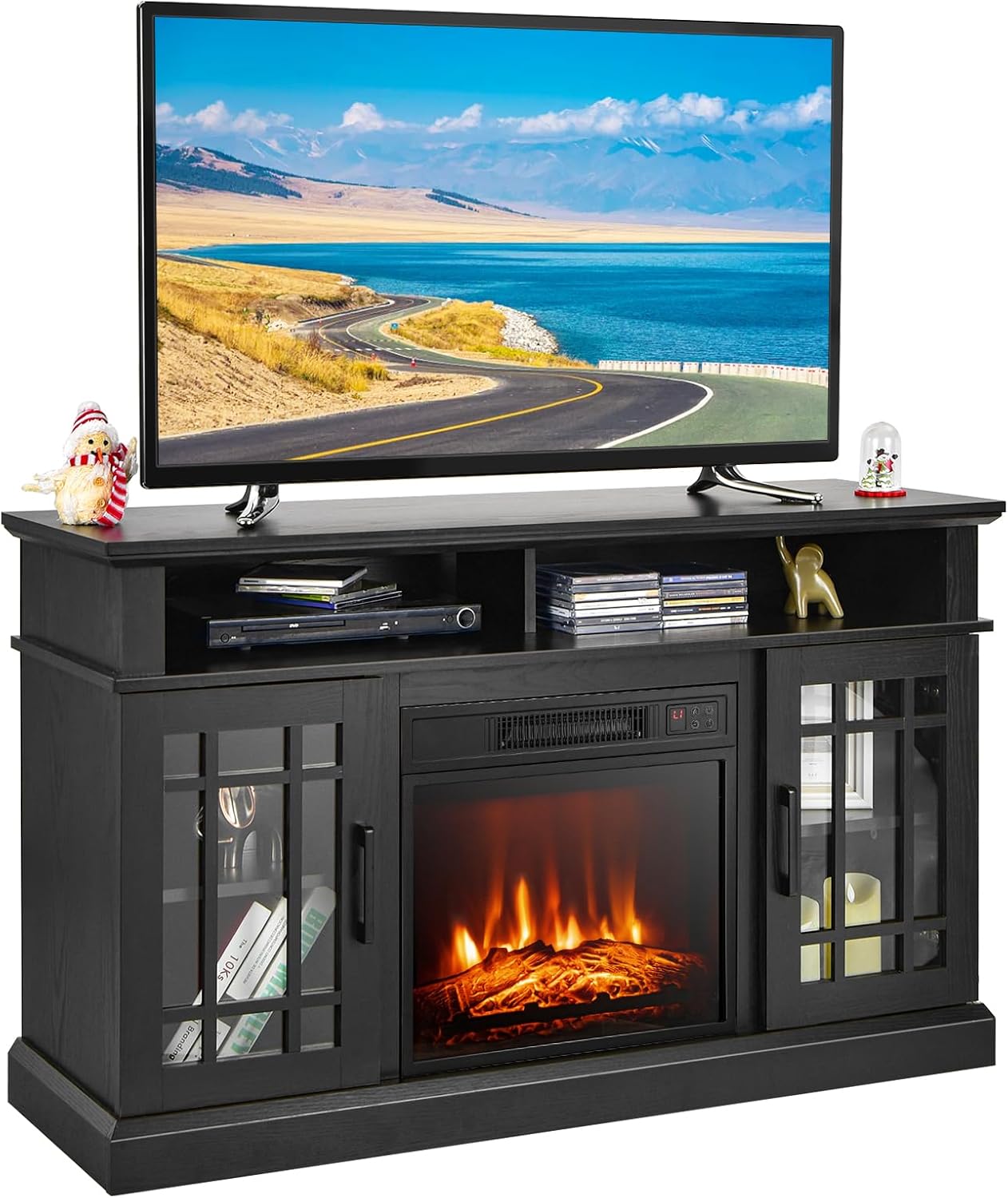 ORALNER 48'' Fireplace TV Stand for TVs up to 55 Inches, 18'' Electric Fireplace, Entertainment Center Media Console for Living Room, Television Cabinet, Adjustable Shelves, 1400W (Black)