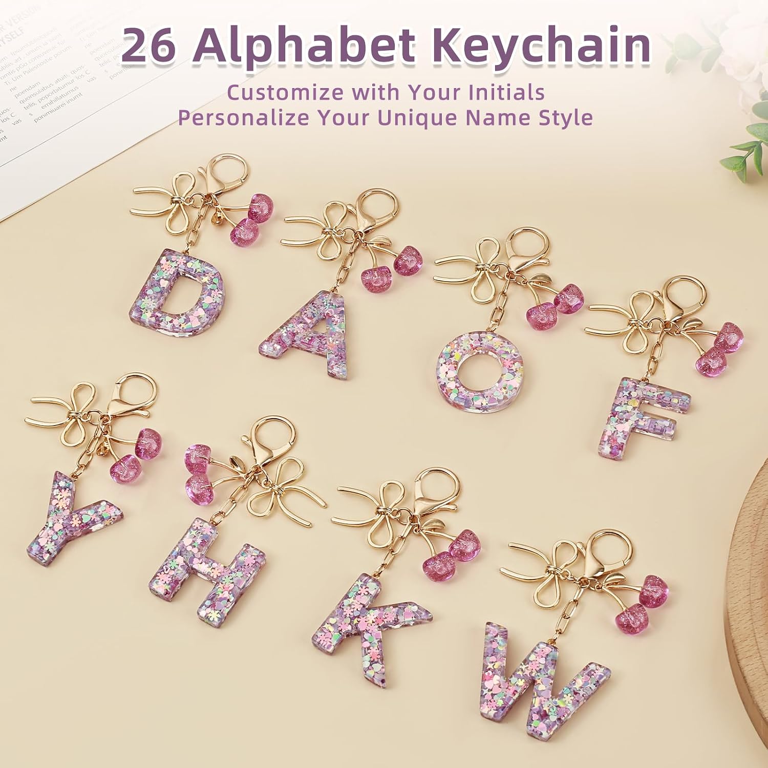 Koythin Initial Keychain, Resin Letter Keychain with Cherry & Bow Charm image 4