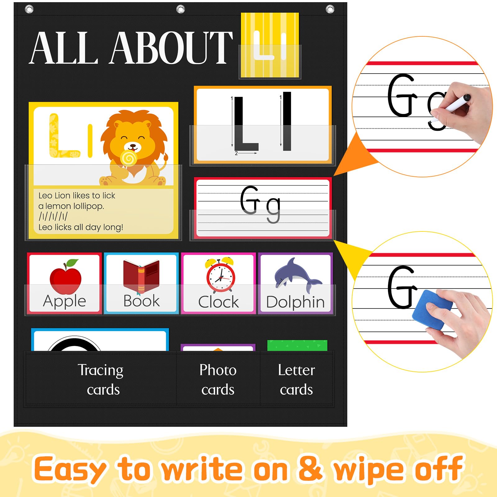 Motiskyy 34" x 27" All About Letters Pocket Chart Alphabet Learning Pocket Chart with 96 Cards Letter of The Day/Week Activity Wall Alphabet Card Tracing for Homeschool Preschool Kindergarten(Black) - Image 5