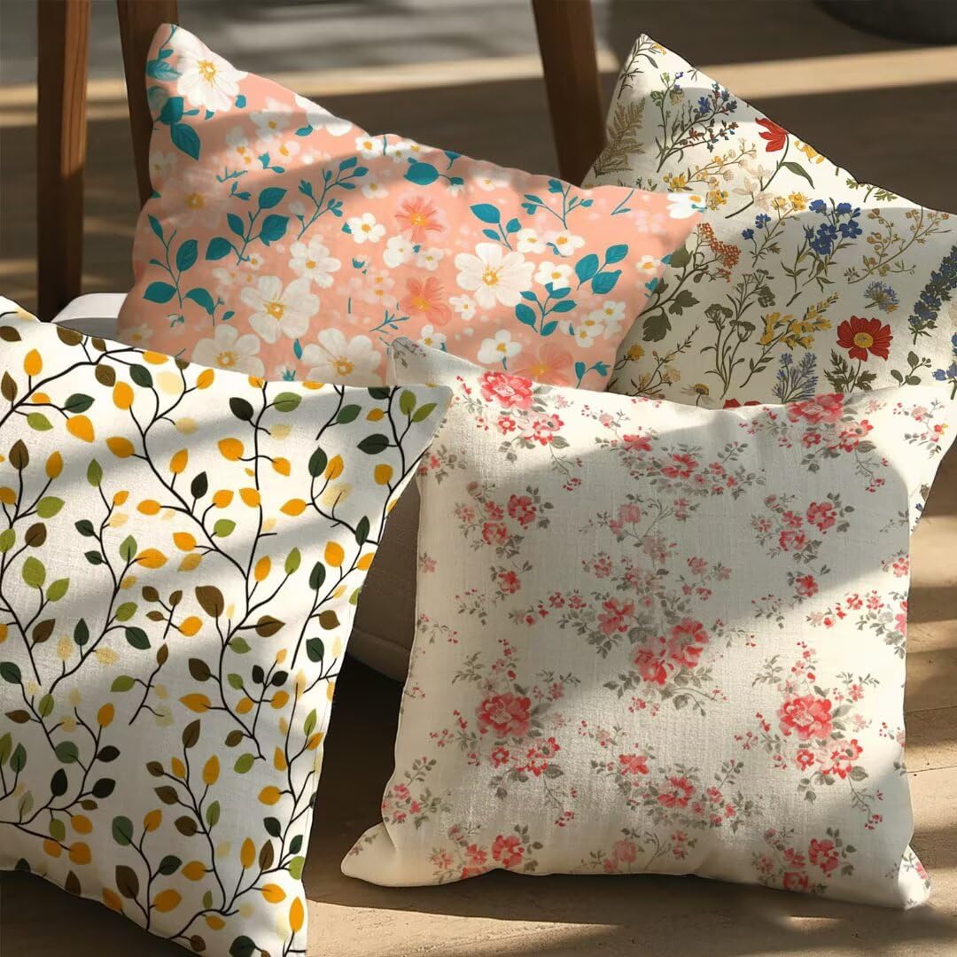 Federe Cuscini per Esterno 40 x 40 cm, Floreale Copricuscini Divano Decorativi Set di 4 Primavera Ed Estate Copricuscino Impermeabili Lino Fodere Cuscini Decorativi per Giardino Soggiorno Sedie Ym504