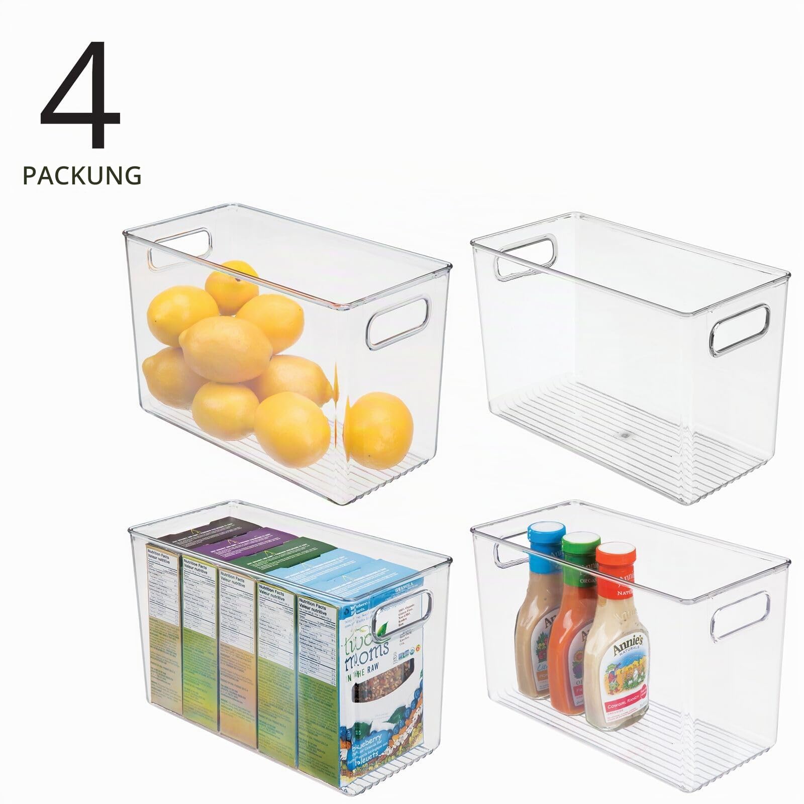 mDesign 4er-Set Aufbewahrungsbox mit Griffen – hohe Kühlschrankbox zur Lebensmittelaufbewahrung – Ablage aus Kunststoff für den Küchen- oder Kühlschrank – grau