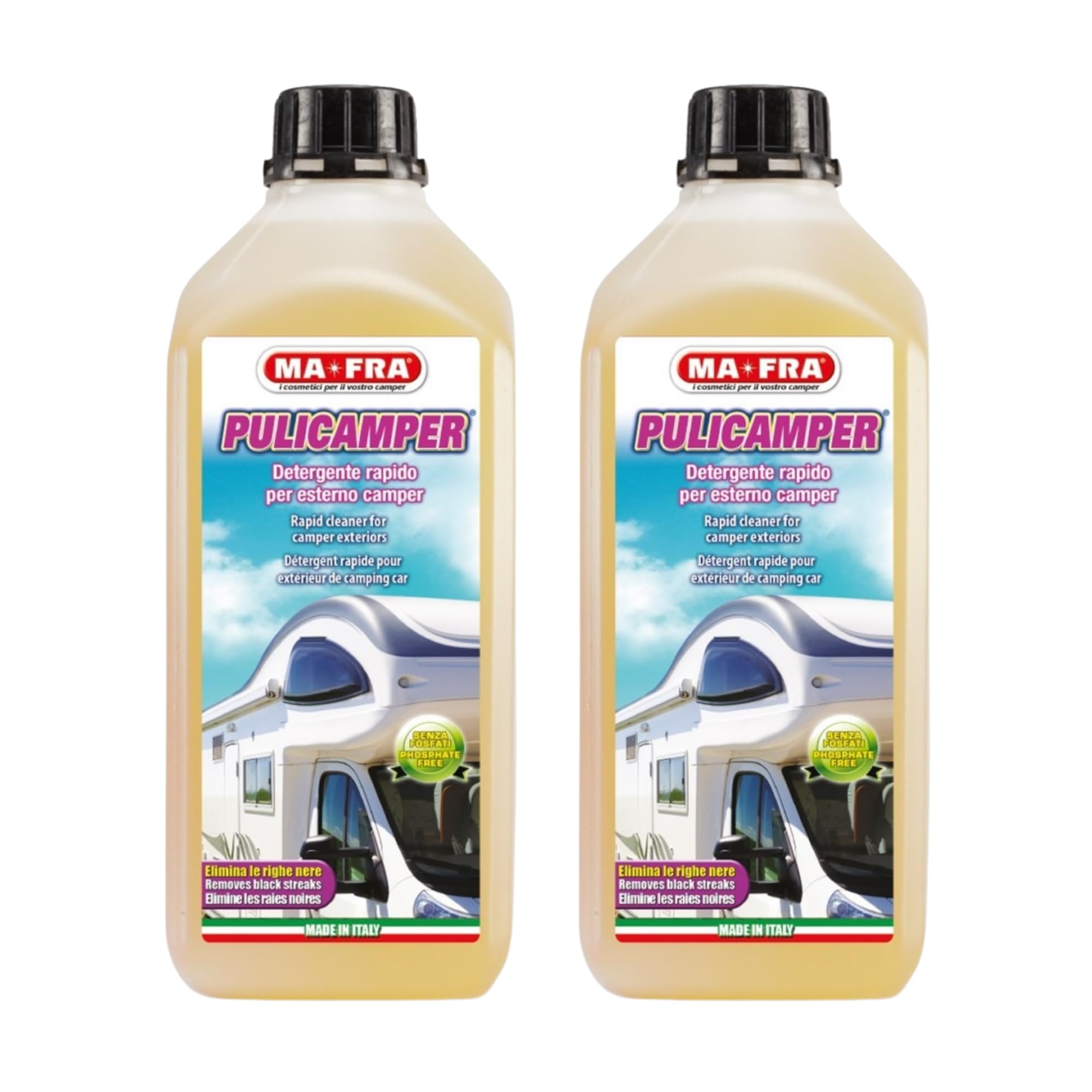 Ma-Fra Pulicamper 2 Pezzi Formato 4 Litri – Detergente Camper Esterno, Elimina Righe Nere, Smog, Moscerini e Sporco Ostinato, Sicuro su Vetroresina e Alluminio - Confezione da 4 Litri 2 Pezzi