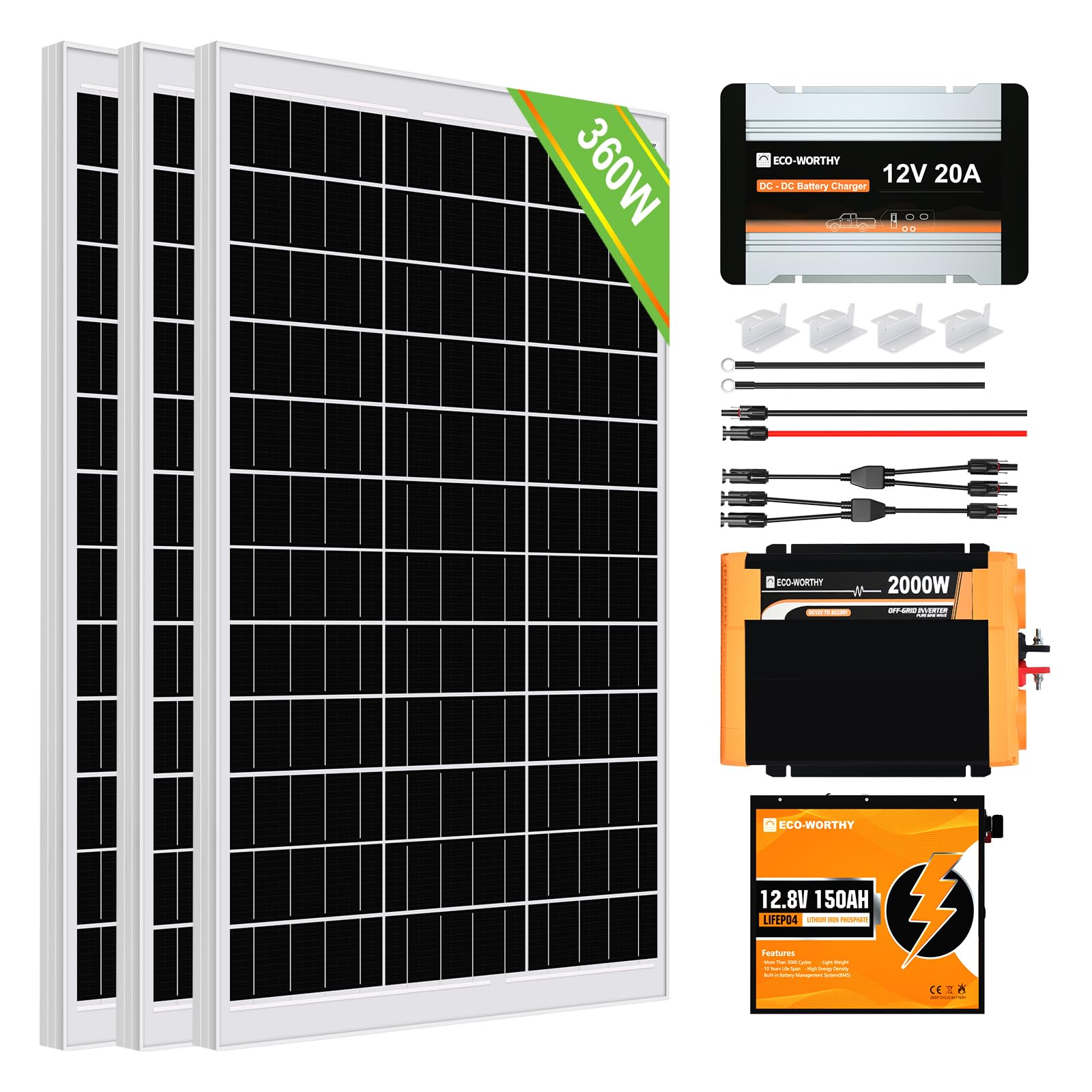 ECO-WORTHY 360W 0% VAT Solaranlage Komplettset netzunabhängiges für Wohnmobil Camper:3 Stücke 120W Solarpanel +20A DC-DC Ladebooster+1 Stücke 150Ah LiFePO4 batterie+2000W wechselrichter