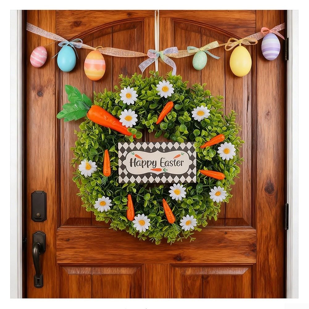 Ghirlanda pasquale con margherita e carota design morbido PVC primavera ghirlanda per porta d'ingresso casa parete tavolo decorazione leggera appeso ornamento verde 38 x 7 x 38 cm