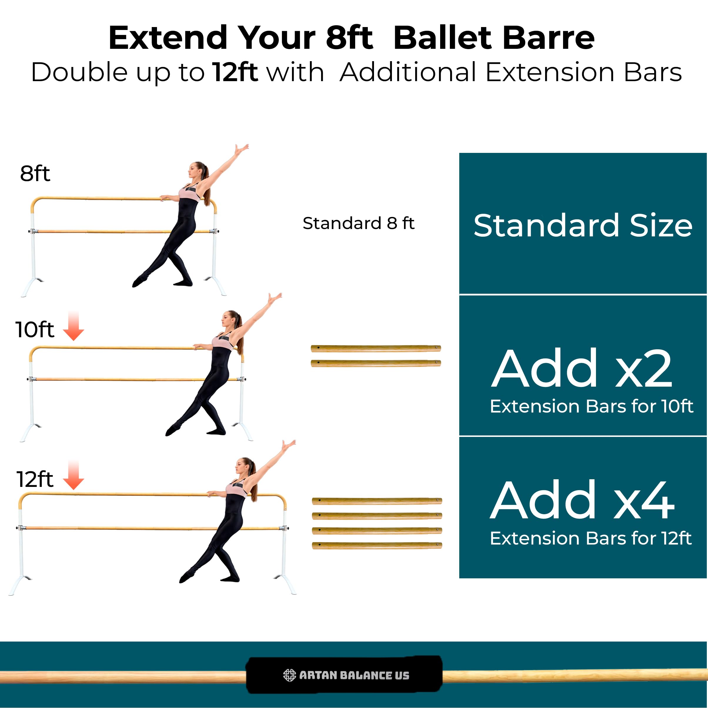 Artan Balance Ballet Barre 8ft - White Curved Double Dance Barre for Home or Studio - Ballet Bar Ideal for Stretch, Pilates, Dance and Active Workouts - Portable Barre Suitable for Kids and Adults