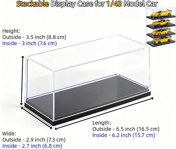 Model Car Display Case, 1:43 Scale Acrylic Display Box for Cars, Stackable Dustproof Storage boxes for Collectibles, Figures and Memorabilia, 16.5 x 7.4 x 9 cm
