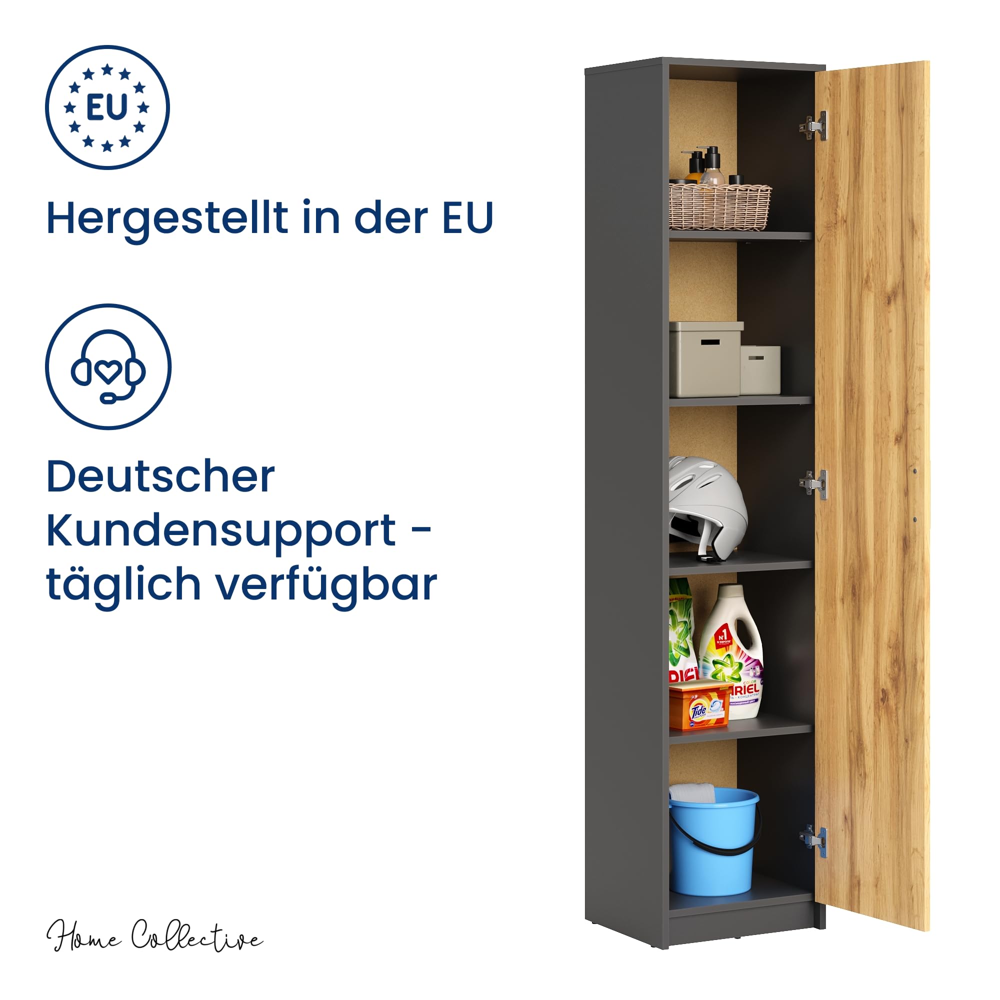 Home Collective Regal mit 5 Ebenen in matt Aktenschrank mit 4 Einlegeböden und 1 Tür, Standregal 39 cm breit mit hochwertigen Polymergriffen ideal für Schlafzimmer Wohnzimmer Flur Büro Graphit Eiche