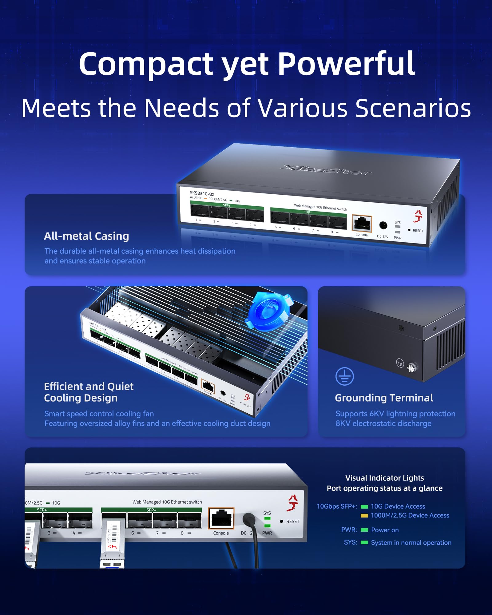 XikeStor 8-portowy 10G SFP+ przełącznik L3, obsługujący 1/2