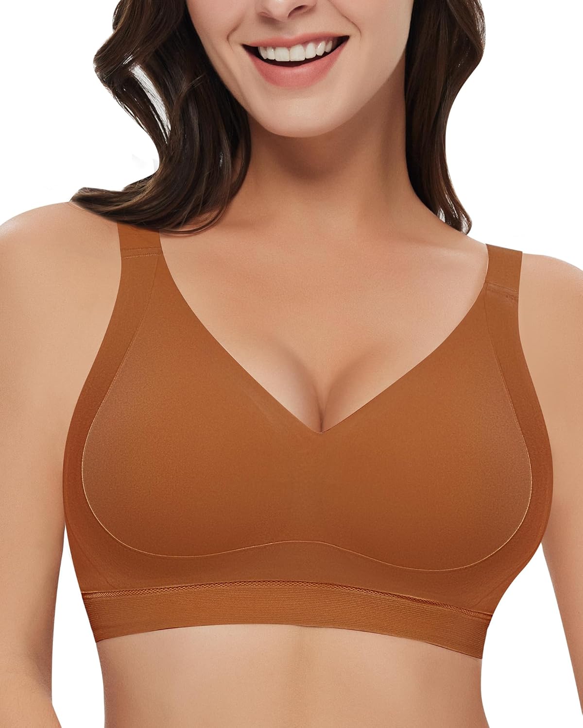 Wireless Bra Women Seamless Push Up Support Comfort V Neck Full Coverage Sleep T-Shirt Everyday Bras Push Up Style-brown Large