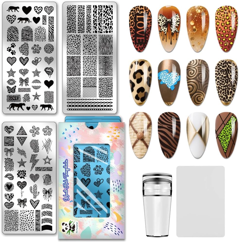 PHPandaHall 3PCS Leopard Print Nail Stamping Plates - Animal Print, Geometric Lines, Hearts Stars for Salon Manicure Art