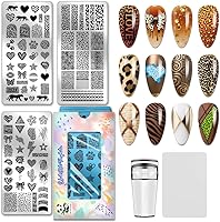 PHPandaHall 3PCS Leopard Print Nail Stamping Plates - Animal Print, Geometric Lines, Hearts Stars for Salon Manicure Art