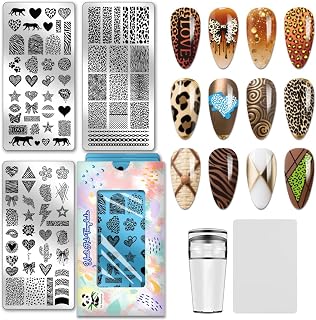 PHPandaHall 3PCS Leopard Print Nail Stamping Plates - Animal Print, Geometric Lines, Hearts Stars for Salon Manicure Art