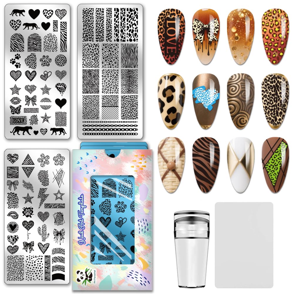PH PandaHall 3 piastre per stampaggio unghie leopardate con stampa animalier per unghie modelli artistici linee geometriche timbro per unghie cuore stella unghie stencil arte per manicure accessori di