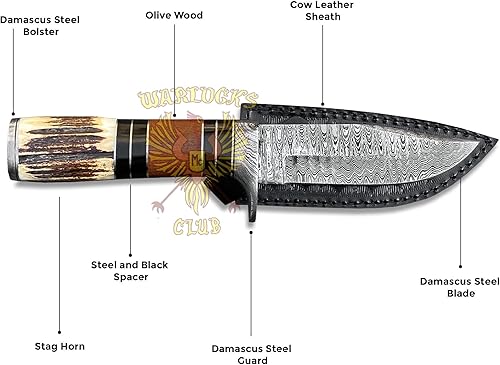 Miniatura 2 de Warlocks Club Cuchillo de caza de Damasco hecho a mano con funda, cuchillo de hoja fija de 10 pulgadas para camping, actividades al aire libre,