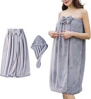 منشفة حمام ملفوفة من المايكروفايبر للنساء من تراسل - فستان لف ناعم قابل للتعديل مع منشفة شعر للاستحمام بعد الجسم وغطاء الرأس، فائقة الامتصاص لتجفيف الشعر والجسم بسرعة (رمادي)، ألياف دقيقة
