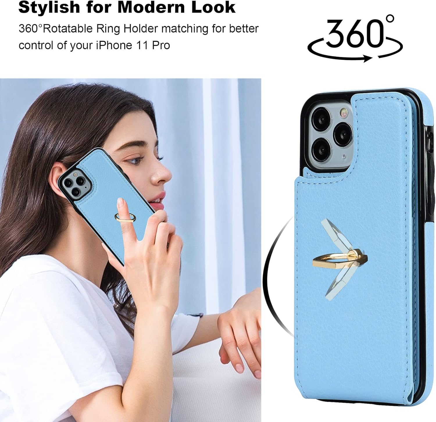 Folosu Compatible with iPhone 11 Pro Case Wallet with Card Holder, 360°Rotation Finger Ring Holder Kickstand Protective RFID Blocking PU Leather Double Buttons Flip Shockproof Cover 5.8 Inch Blue