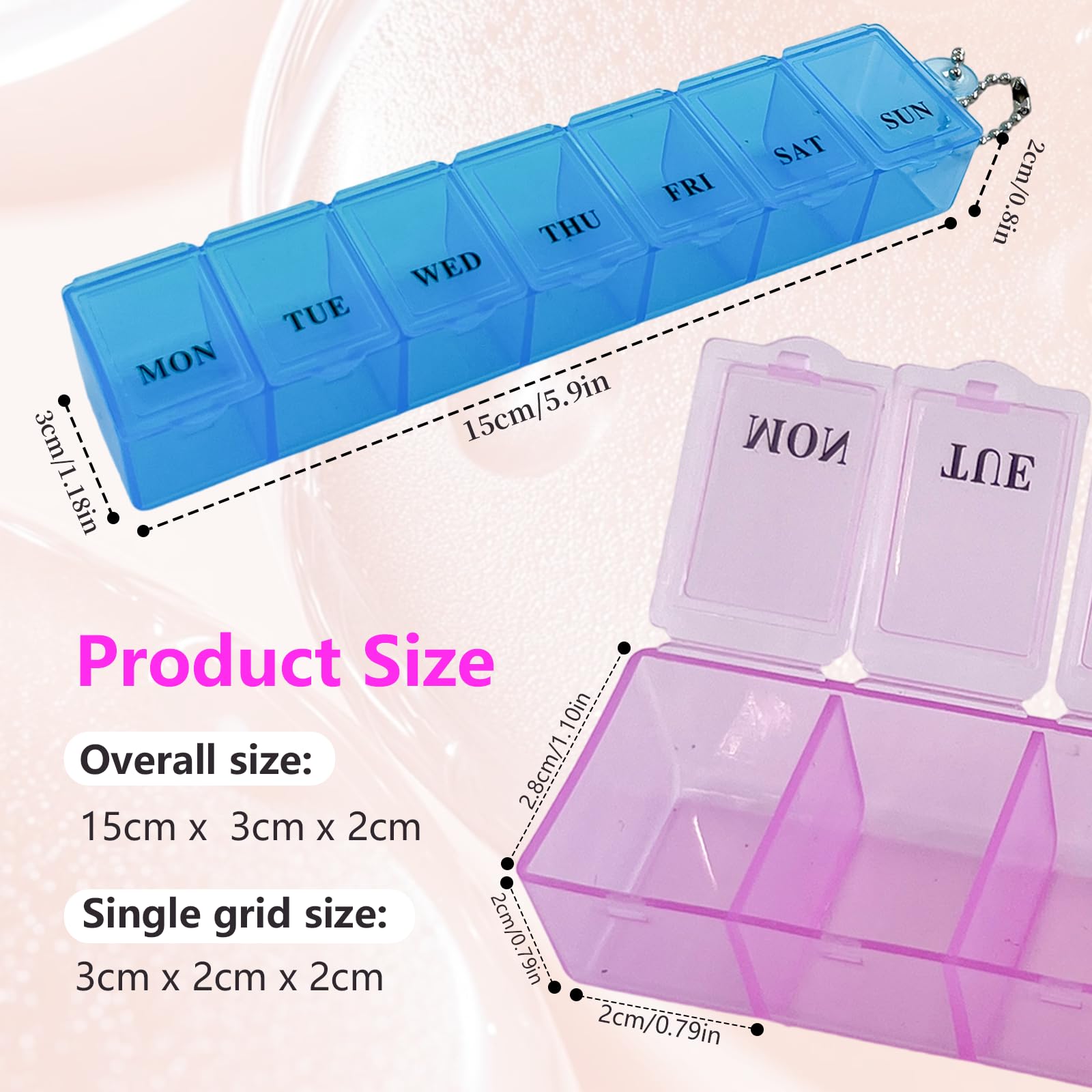 Lot de 2 piluliers de 7 jours, une fois par jour, pilulier hebdomadaire pour médicaments, suppléments, vitamines, huile de foie de morue (rose bleu)