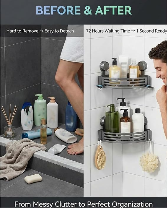 Triangular Draining Basket -No-Drill Triangle Suction Cup Shower Caddy
