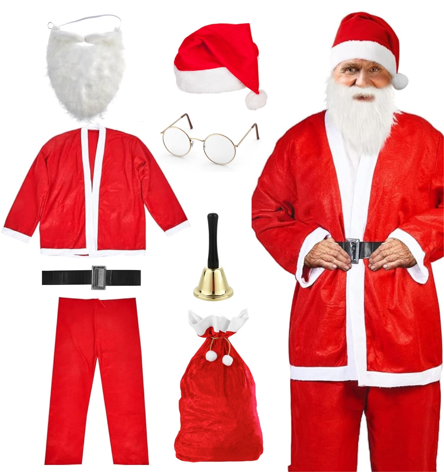 FASCHINFEVER 8 in 1 Set Santa Claus - Weihnachtsmannkostüm & Nikolauskostüm - für Weihnachten - Kostüm für Nikolaus - Weihnachtsmann - Herren & Erwachsene